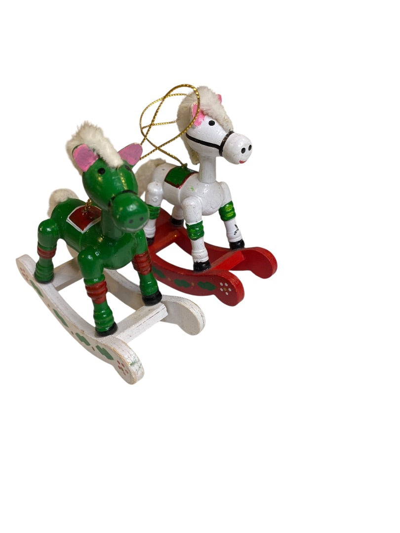 Vintage Wooden Christmas Holiday Ornaments Rocking Horse 4"