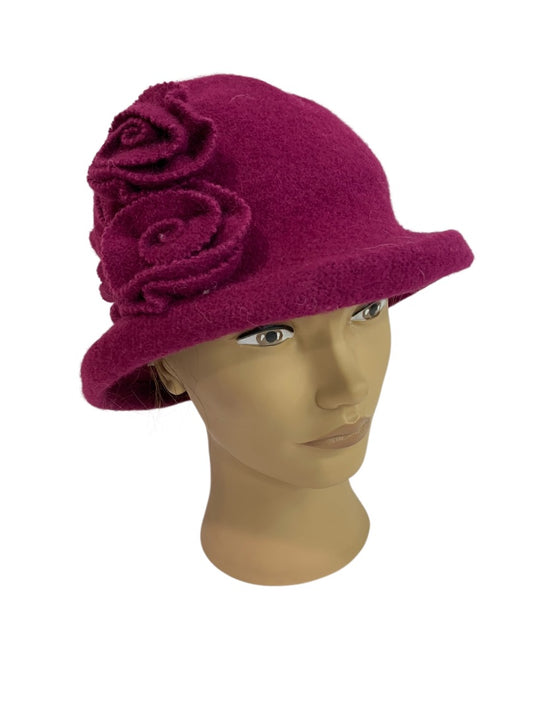 One Size Brooklyn Industries Fuchsia Wool Cloche Hat Rosette Retro