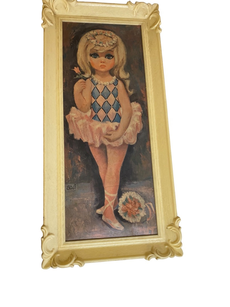 1960s Goji Print Big Eyed Ballerina Girl in Soroka USA Plastic Frame 18" x 7"