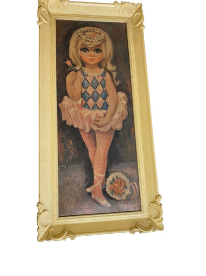 1960s Goji Print Big Eyed Ballerina Girl in Soroka USA Plastic Frame 18" x 7"