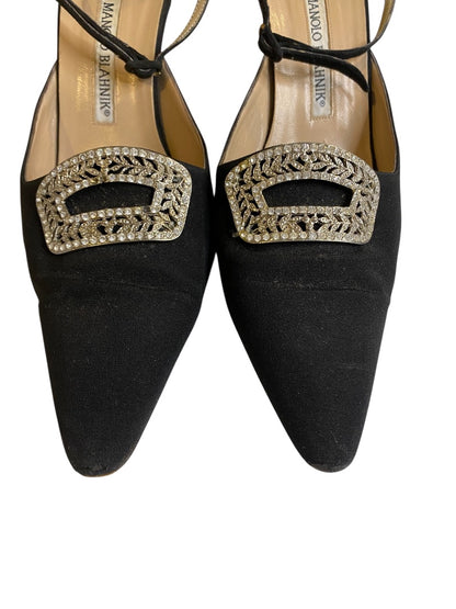 Size 39.5 Manolo Blahnik Vintage Black Rhinestone Buckle Heels 3"