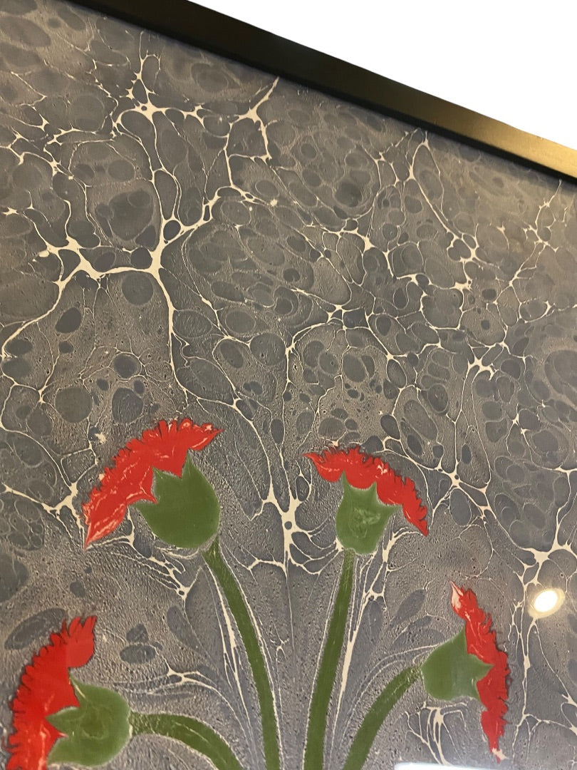 Turkish Ebru Painting Marbling Framed Flowers 17.5" x 11.5" Red Blue