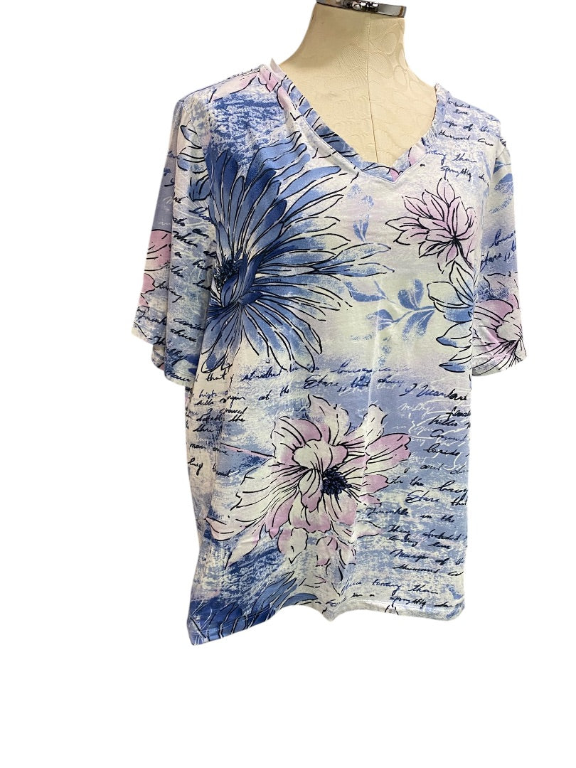 1X Liz & Me Womens Floral Print V-Neck Tshirt Short Sleeve