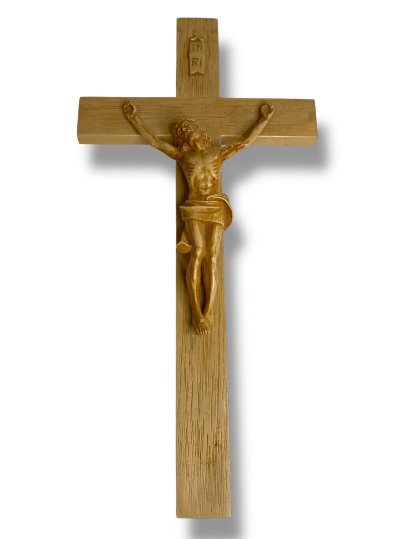 Vintage Plastic Cross Jesus INRI 12" Wall Hanging Wood Look