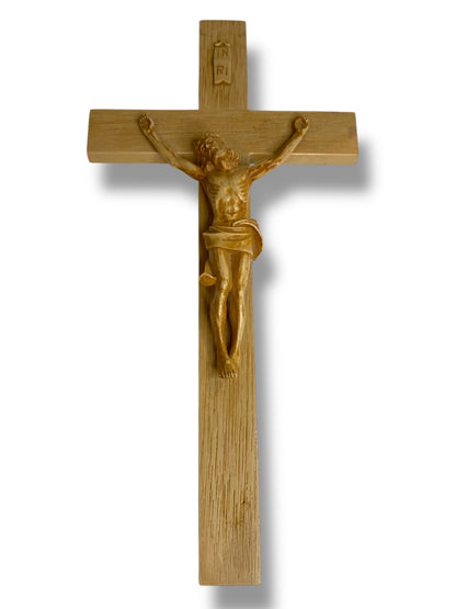 Vintage Plastic Cross Jesus INRI 12" Wall Hanging Wood Look
