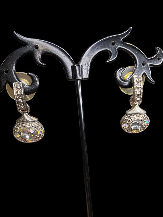 Vintage Pierced Earrings Rhinestone Silvertone 1" Drop Post