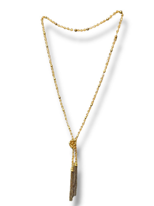 Goldtone and Beige Crystal Knot Necklace Tassel 40" Overhead
