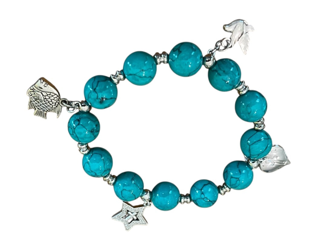 Beaded Stretch Silvertone Fish Dove Star Religious Stretch Bracelet Bright Blue