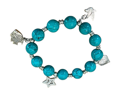 Beaded Stretch Silvertone Fish Dove Star Religious Stretch Bracelet Bright Blue