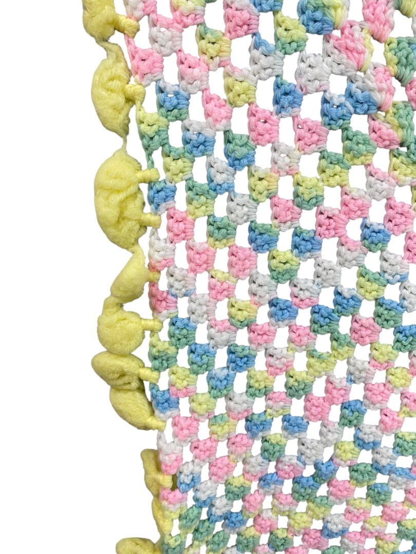 Vintage Crochet Baby Blanket Pastels 44" Square Yellow Pom Pom Trim