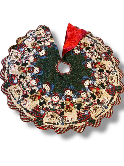 Vintage Christmas Tree Skirt Raggedy Ann Andy Quilted Fabric Christmas Tree Skirt 53" Red Satin Back