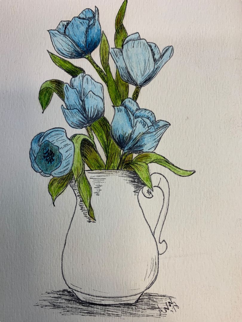 1978 Framed Blue Tulip Pen and Ink Sketch Art 10.5" x 8.5"