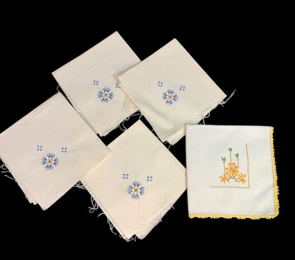 Lot of 5 Vintage Napkins Crossstitch Embroidery Sweet Raw Edge