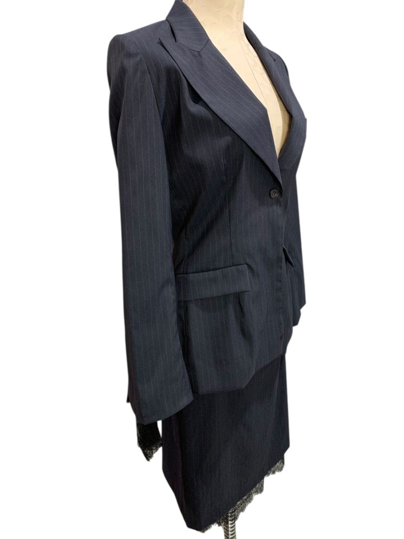 Size 38 Marcel Marongiu Skirt Suit Jacket Pinstripe Lace Trim France