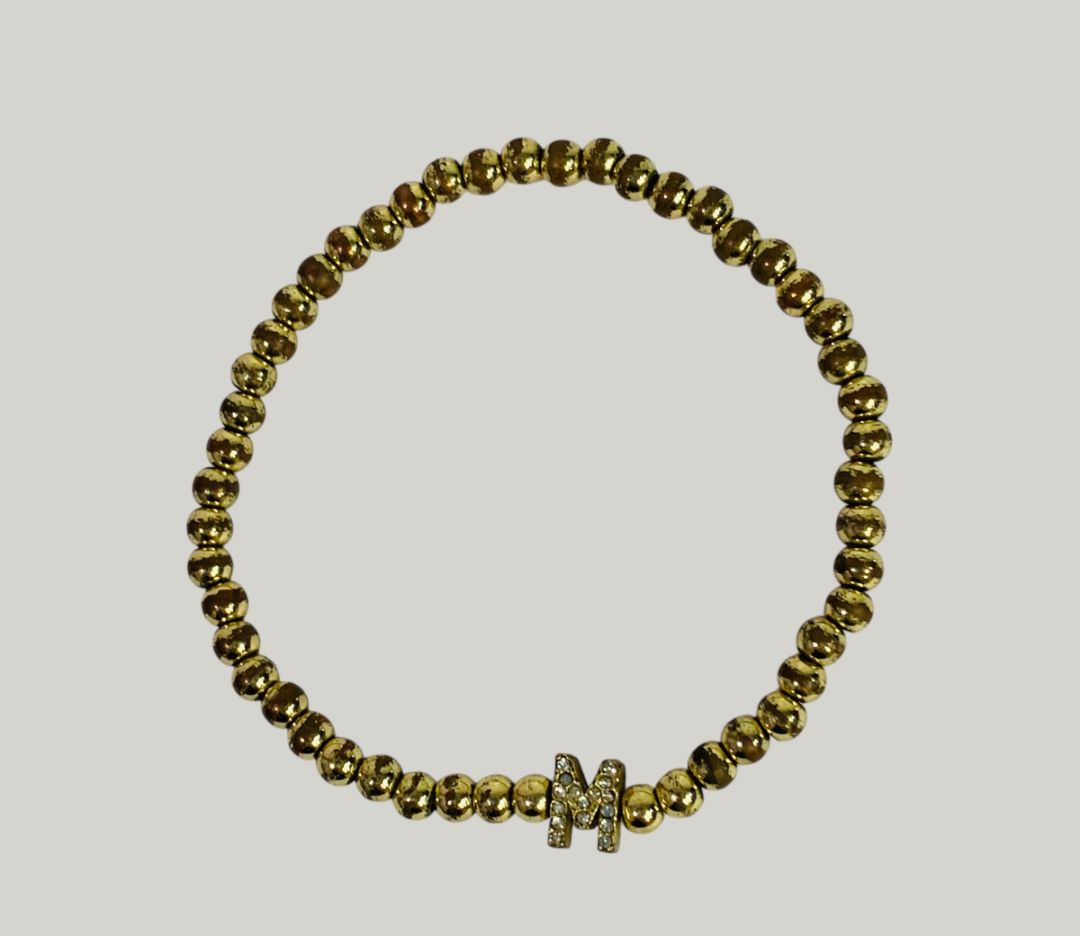 Goldtone Metal Beaded Stretch Bracelet Initial "M"