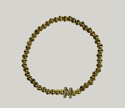 Goldtone Metal Beaded Stretch Bracelet Initial "M"