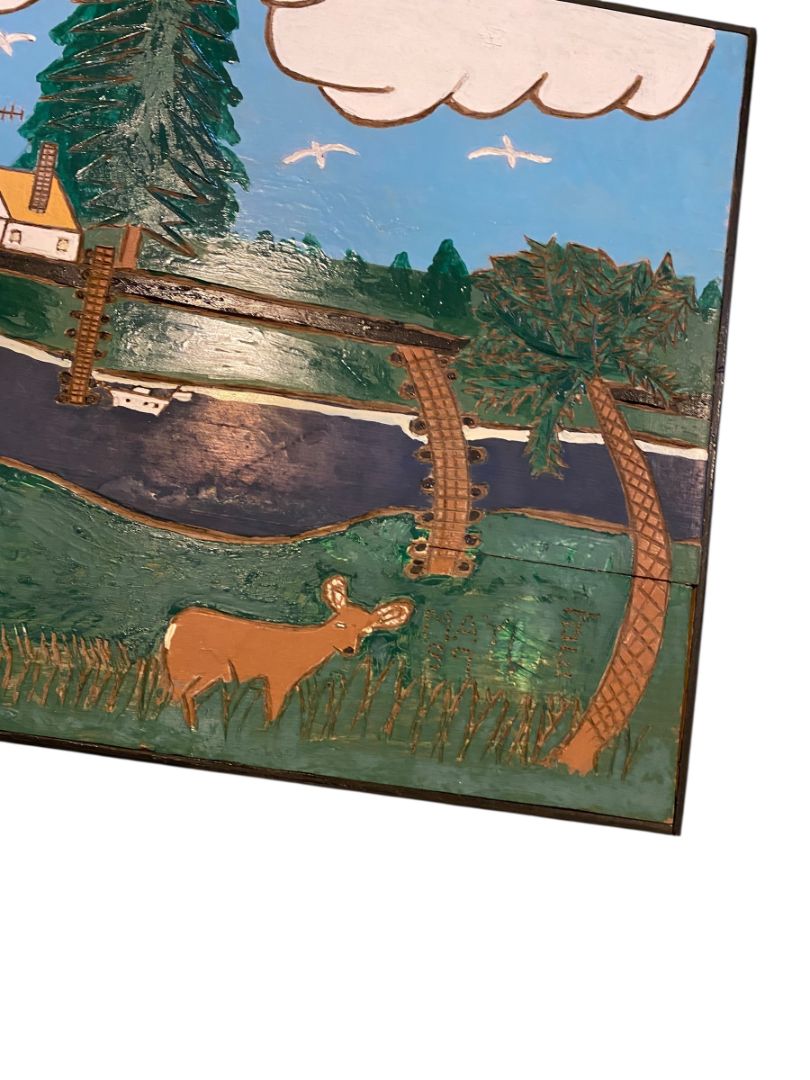 Vintage Carved Wooden Nature Scene Enameled Paint 22" x 16"