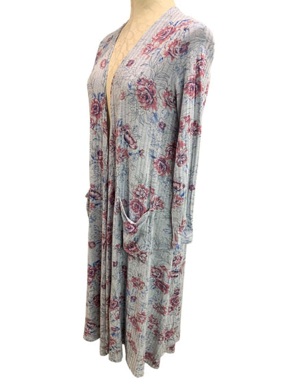 Small LulaRoe Womens Sarah Duster Long Cardigan Gray Floral Pockets