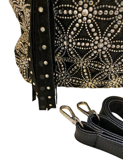 New Black Handbag Tote Rhinestone Bling Detachable Shoulder Strap