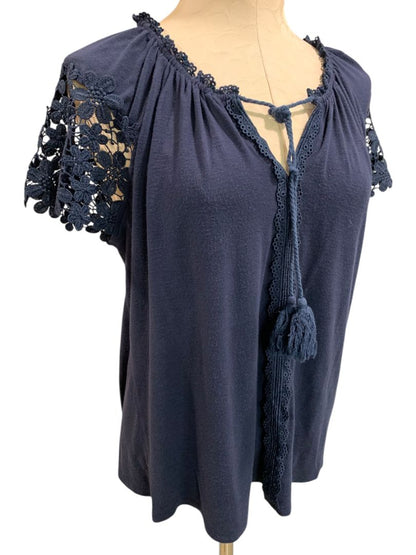 Size Large Adiva Womens Soft Navy Blue Boho Shirt Lace Short Sleeve