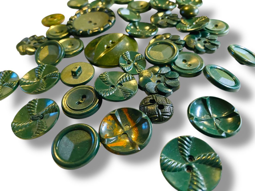 Lot of 37 Midcentury Plastic Buttons Assorted Dark Green Craft Sew