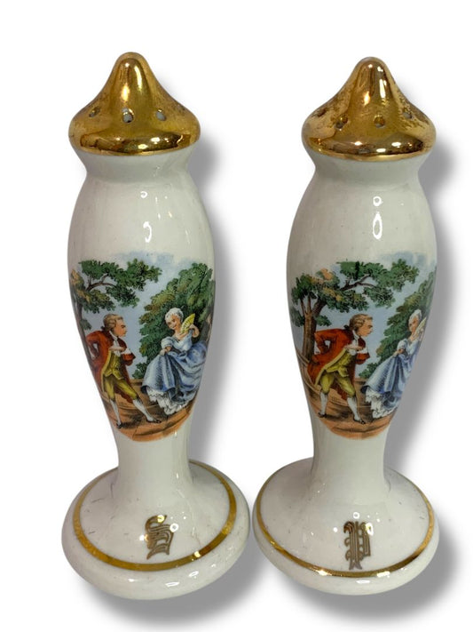 Vintage Taylor Smith Taylor TS&T Victorian Couple 6" Salt Pepper Shakers 22K Gold Trim
