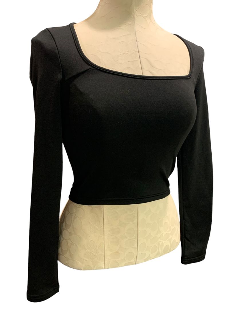 Size XS Black Scoop Neck Fitted Crop Long Sleeve Womens Shirt Fleecey Lining