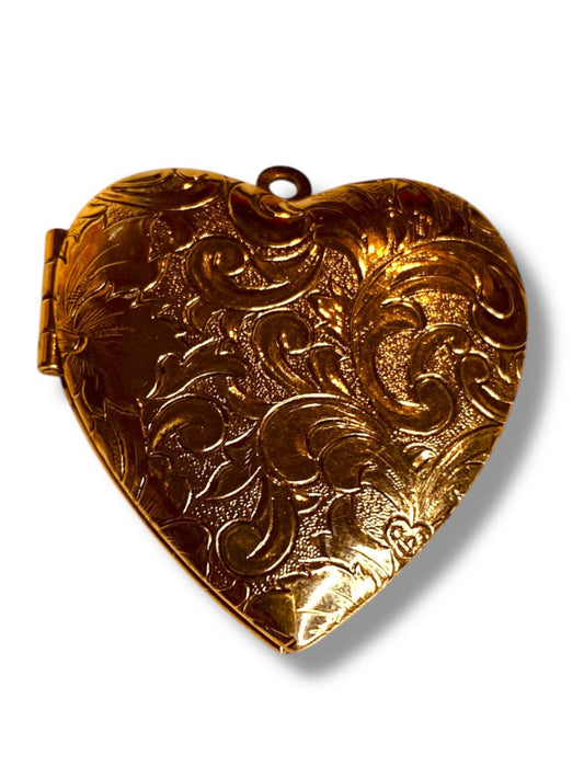 Embossed Heart Pendant Locket Goldtone Hinged for 2 Photos 1.2" (31mm)