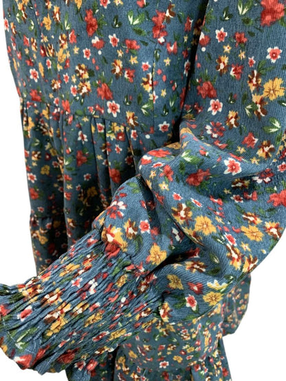 Size Medium Umgee Floral Corduroy Dress Pockets Blue V-Neck