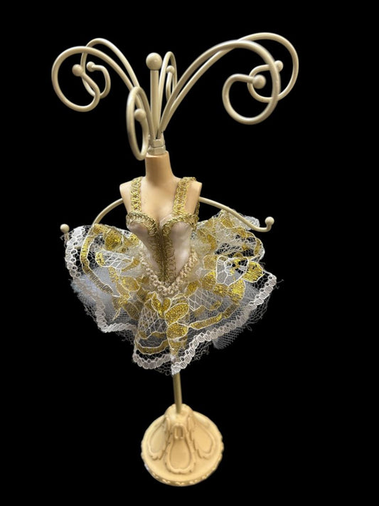 Ballet Ballerina Jewelry Stand Ivory Gold Tutu 9.5" Metal