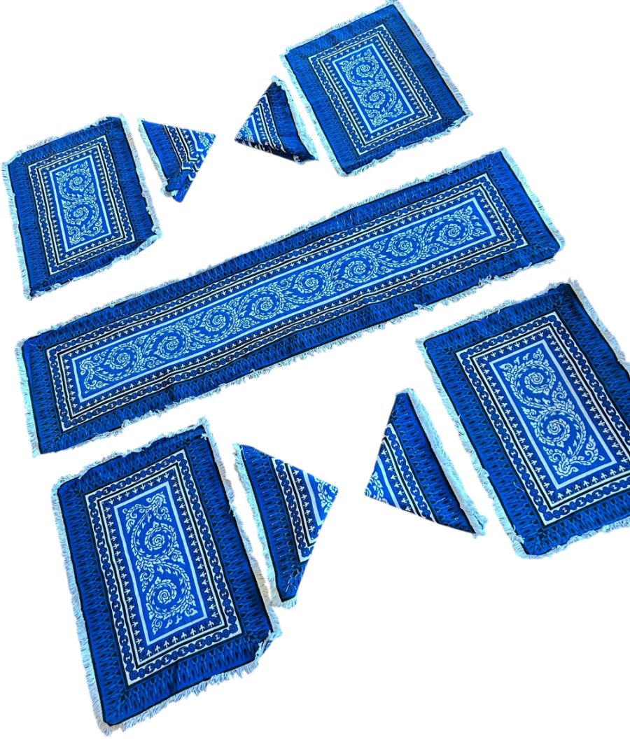 Vintage Blue Table Linen Set 4 Placemats 4 Napkins 1 Runner Boho