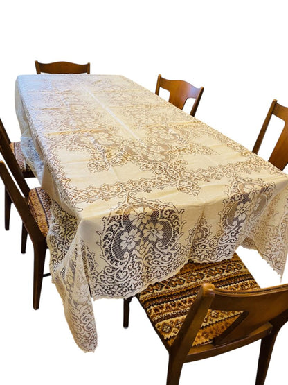 Vintage Ivory Machine Lace Tablecloth Linen 108" x 68"