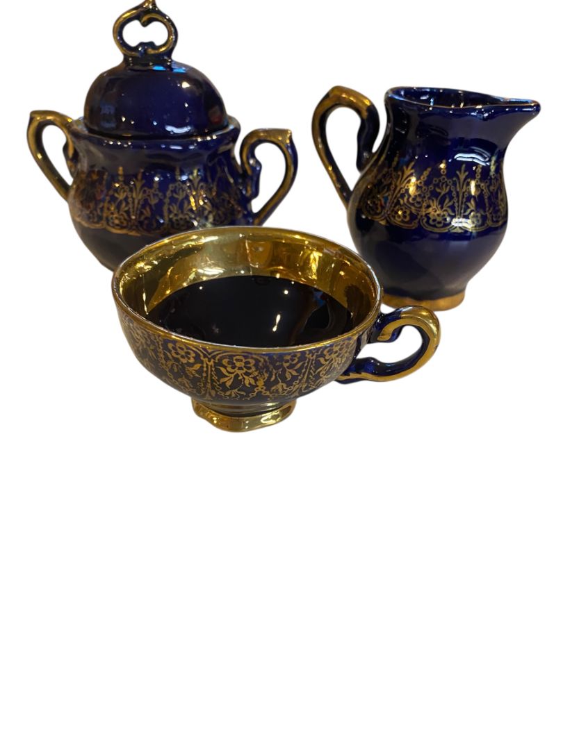 Vintage Cobalt Gold 3 Piece Tea Set Sugar Creamer Cup
