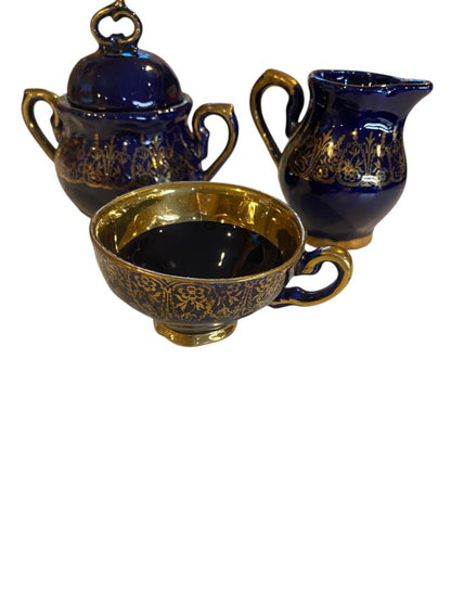 Vintage Cobalt Gold 3 Piece Tea Set Sugar Creamer Cup