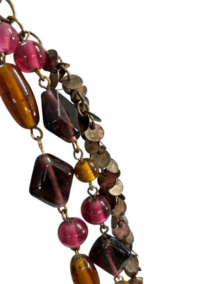 Copper Color Necklace 38" Copper Collar Medallions Orange Purple Beads