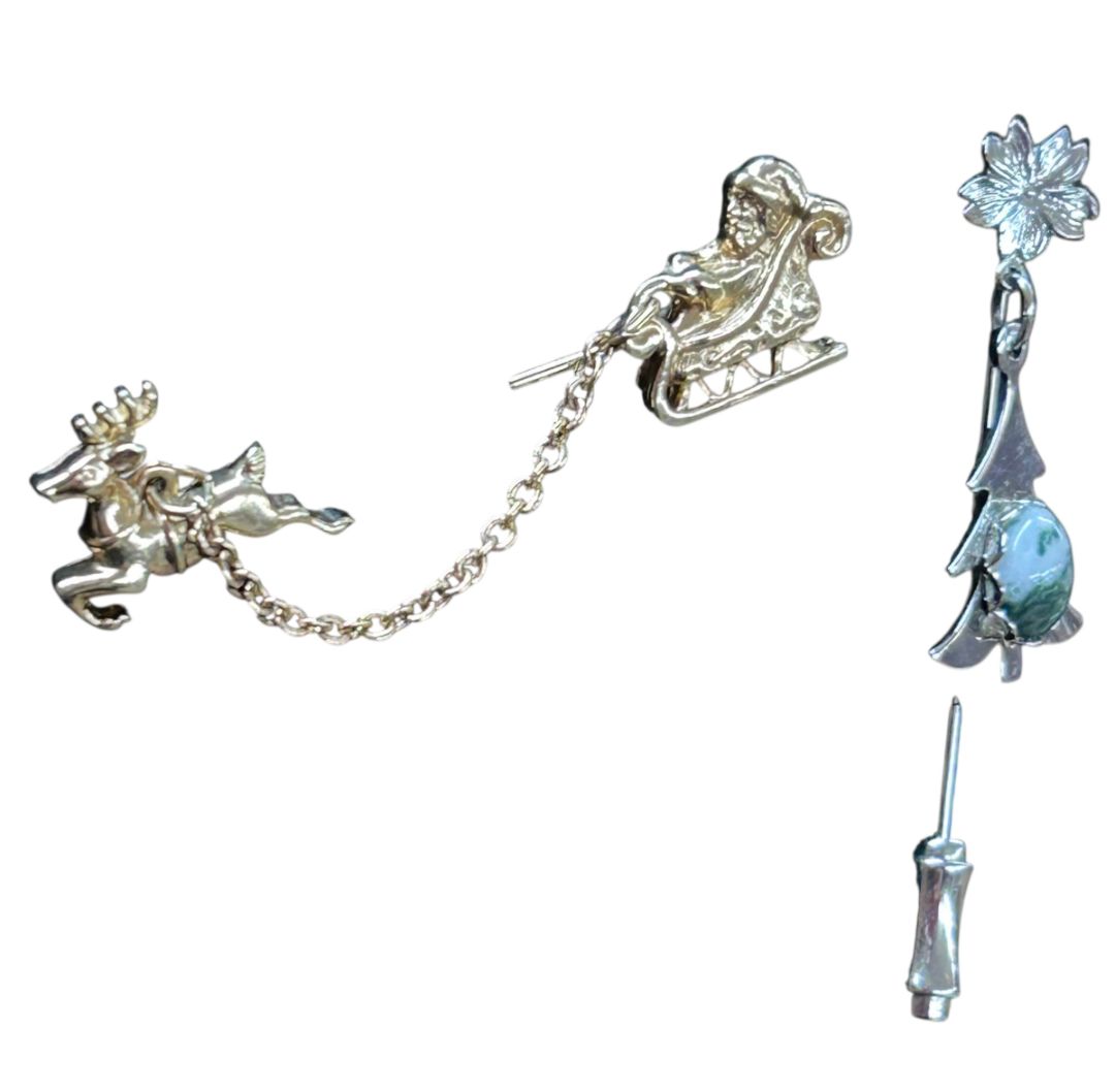 Goldtone and Silvertone Christmas Stick Pins Santa Tree 2.25"