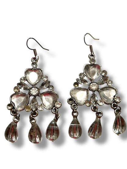 Silvertone Fishhook Pierced Earrings Floral Heart 2.5" Drop