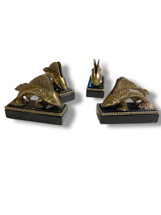 Set of 4 Maitland-Smith Handmade Placecard Name Holders Fish Marble Brass