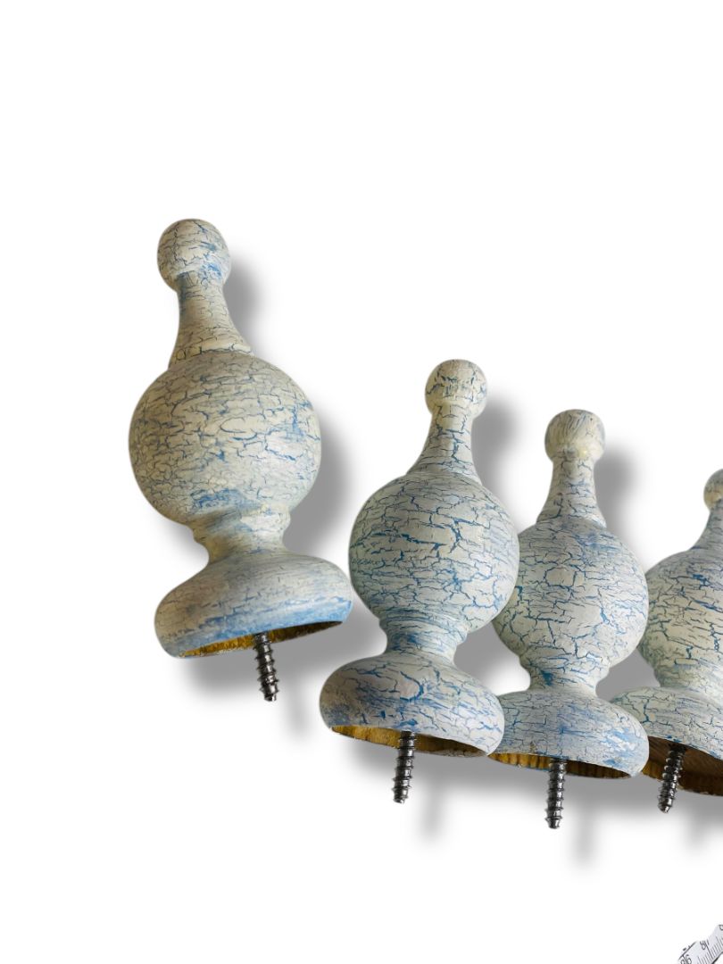Vintage Wooden Set of 4 Finial Posts White Blue Crackle Paint 4.25" Screw In