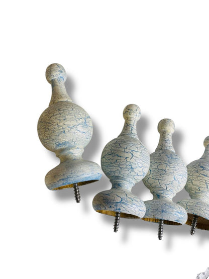 Vintage Wooden Set of 4 Finial Posts White Blue Crackle Paint 4.25" Screw In