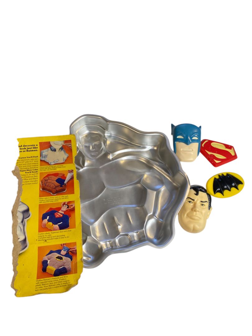 Vintage Wilton Superman Batman Cake Pan Complete Face Chest Plates Shield