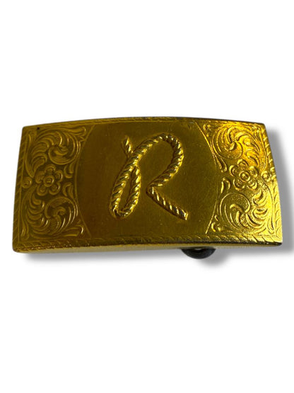 Hickok USA Vintage "R" Rope Tooled Belt Buckle Goldtone 2" x 1"