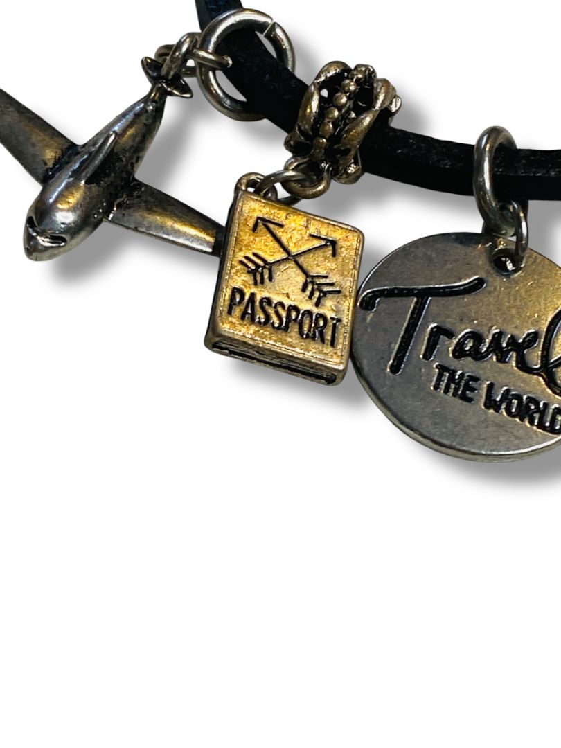 Travel Theme 10 Charm Bracelet 8" Black Leather Cord Silvertone