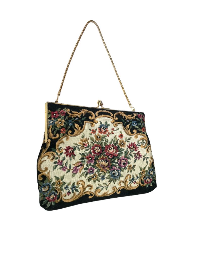 Walborg Floral Tapestry Embroidery Clutch With Chain KissLock Closure Vintage