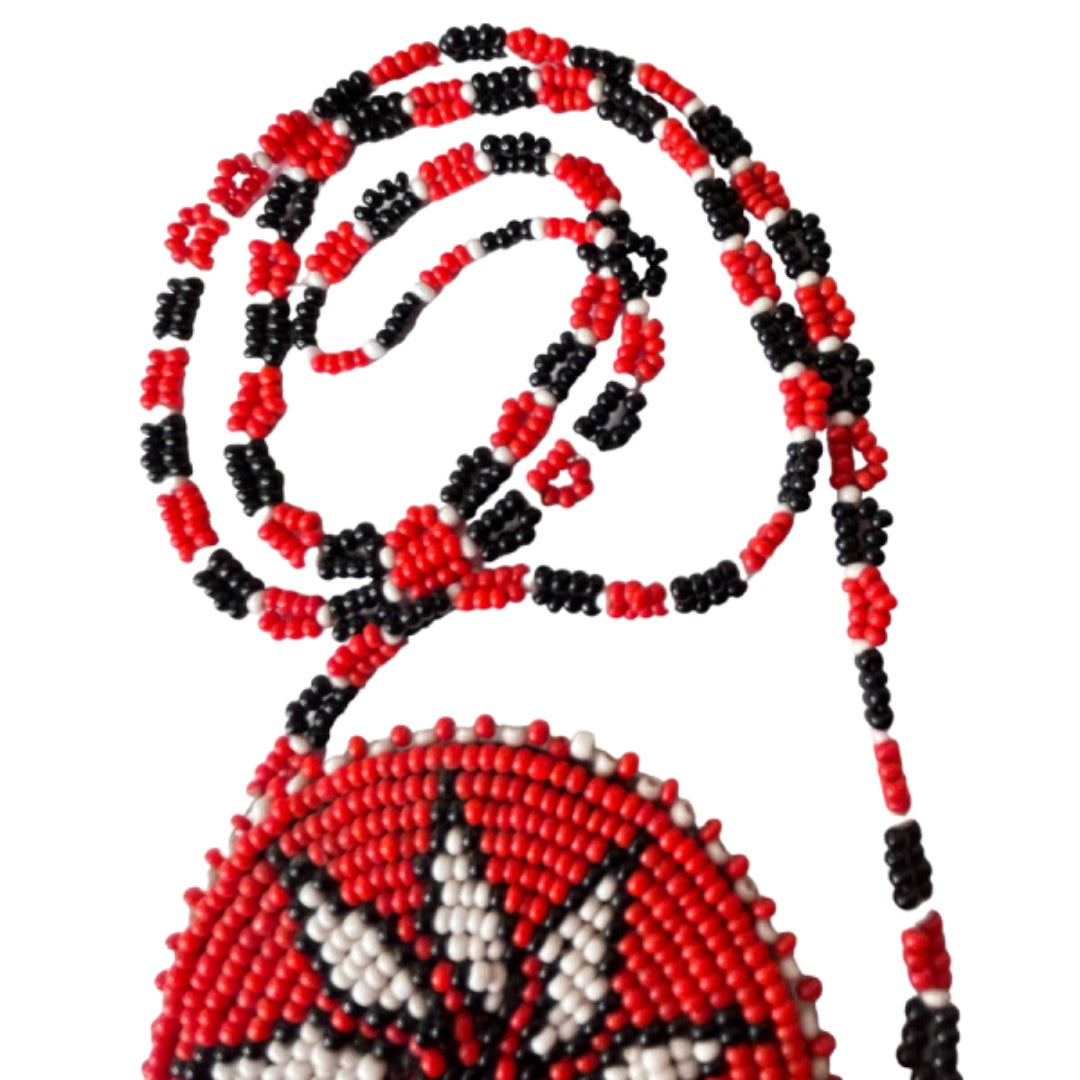 Seed Bead Star Pendant Necklace Leather Backing 29" Red Black White