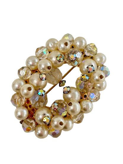 Vintage Brooch Aurora Borealis Beads Faux Pearls Oval 2"