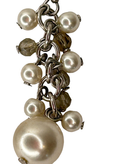 Faux Pearl Gray Crystal Earrings Pierced Hook 1 5/8" Drop Dangle