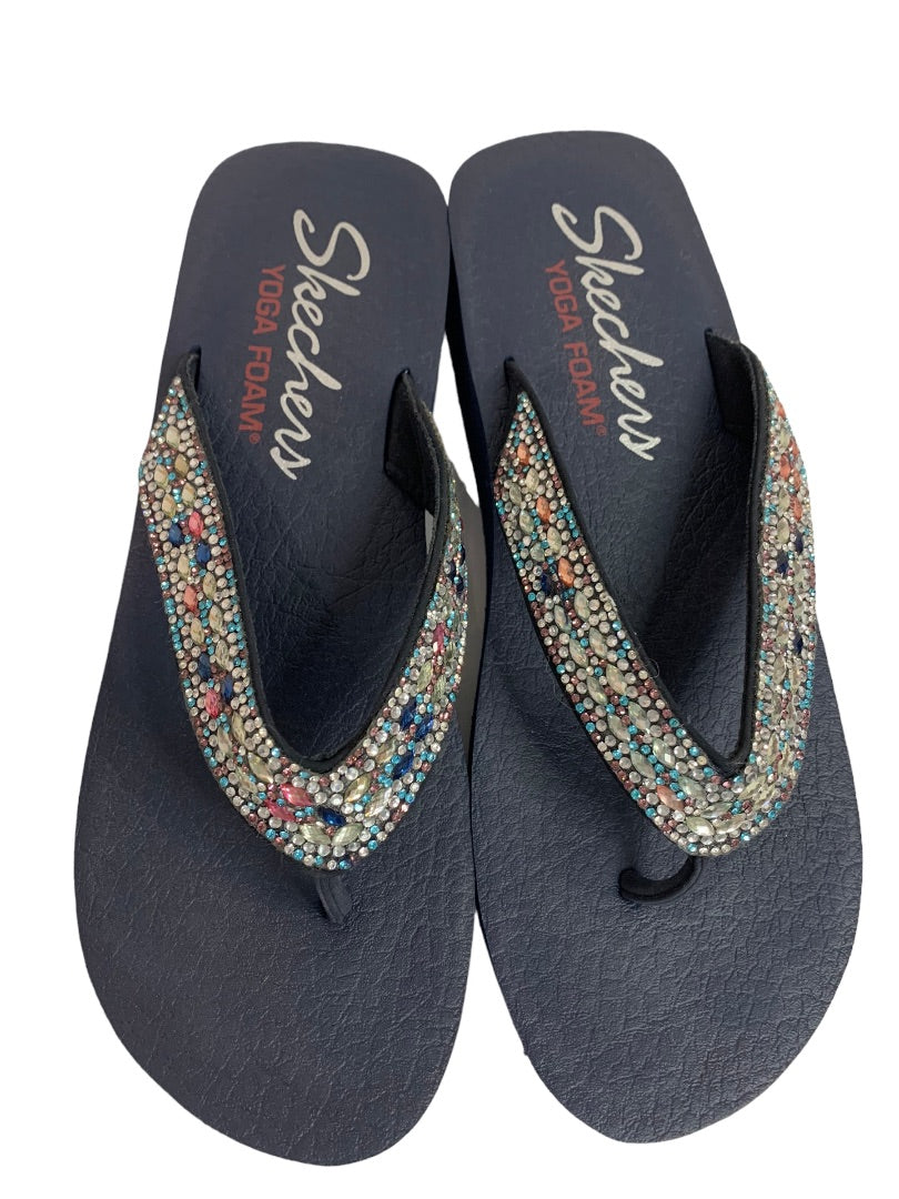 Size 8 Skechers Yoga Foam Platform Flip Flop Sandals Jeweled Navy Blue