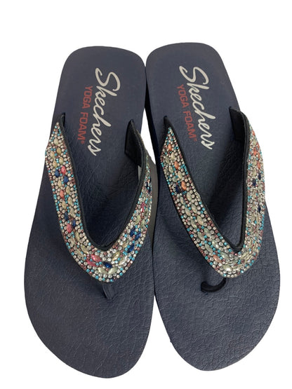 Size 8 Skechers Yoga Foam Platform Flip Flop Sandals Jeweled Navy Blue