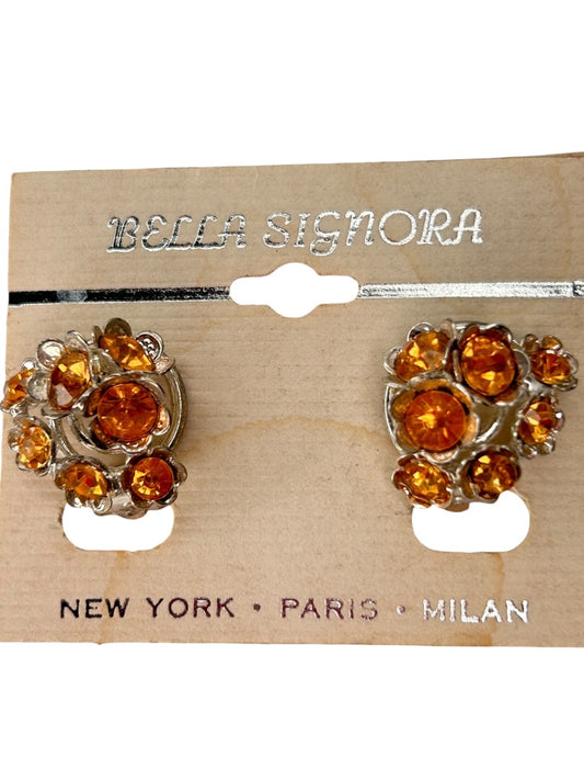 Bella Signora 1990s Clip On Orange Crystal  Earrings 3/4" Diameter Non-Pierced Silvertone